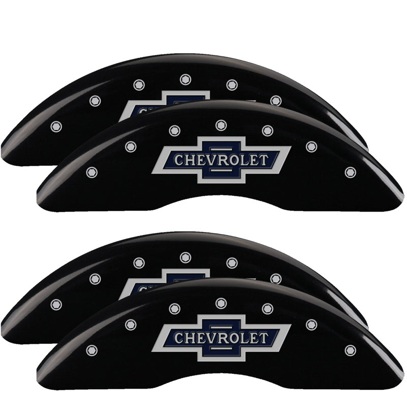 MGP 4 Caliper Covers Engraved F &amp; R 100th Anniv Black Finish Silver Char 2019 Chevy Silverado 3500HD - 14173SBANBK