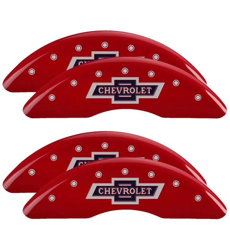 MGP 4 Caliper Covers Engraved F &amp; R 100th Anniv Red Finish Silver Char 2019 Chevy Silverado 3500 HD - 14173SBANRD