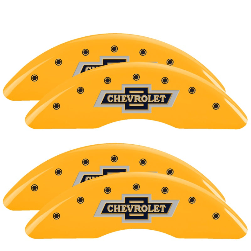 MGP 4 Caliper Covers Engraved F &amp; R 100th Anniv Yellow Finish Black Char 2019 Chevy Silverado 2500HD - 14173SBANYL