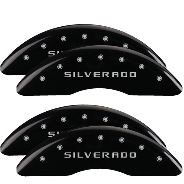 MGP 4 Caliper Covers Engraved Front &amp; Rear Silverado Black finish silver ch - 14173SSILBK