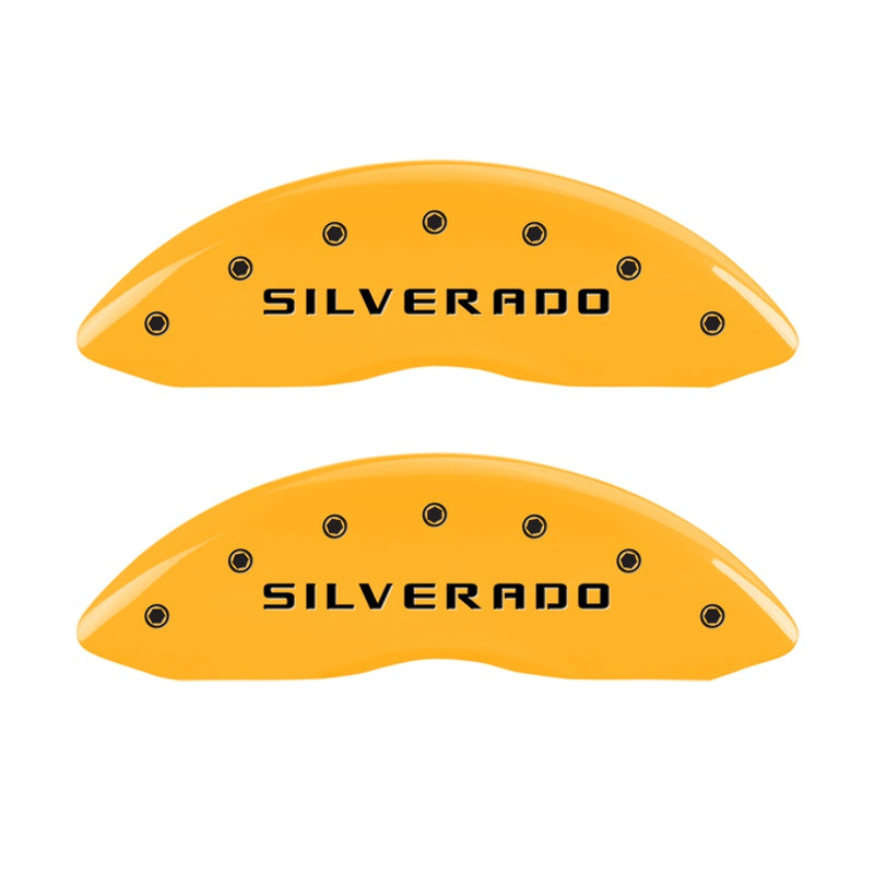 MGP Front set 2 Caliper Covers Engraved Front Silverado Yellow finish black ch - 14207FSILYL