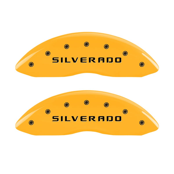 MGP Front set 2 Caliper Covers Engraved Front Silverado Yellow finish black ch - 14207FSILYL