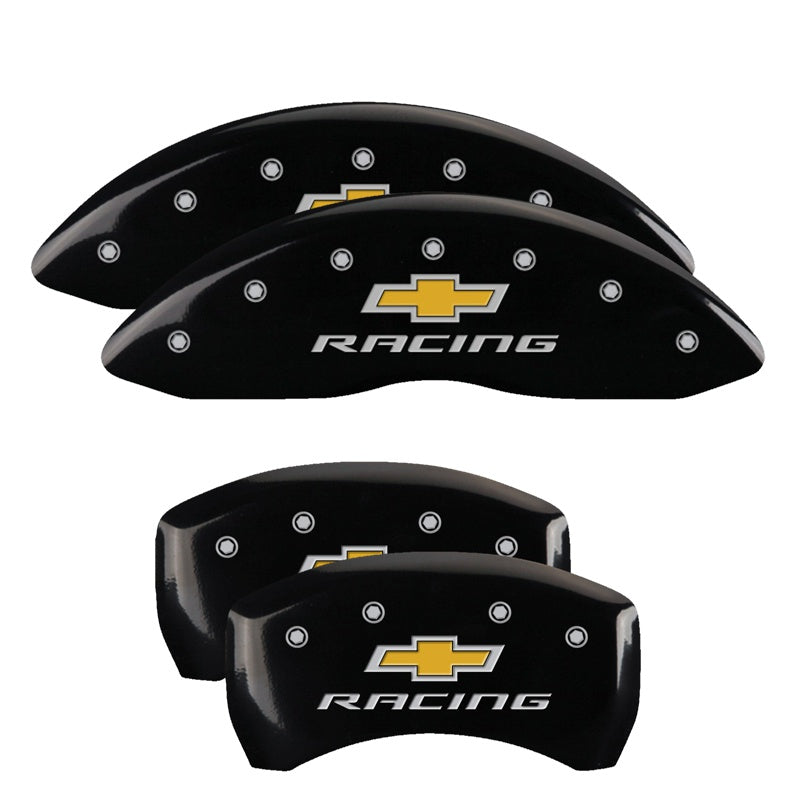 MGP 4 Caliper Covers Engraved Front &amp; Rear Chevy racing Black finish silver ch - 14231SBRCBK