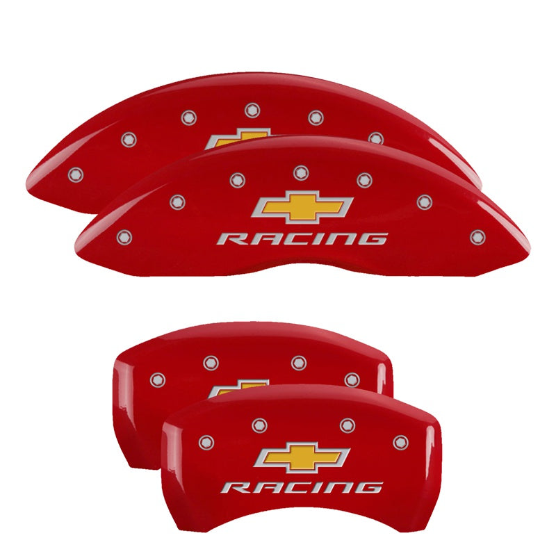 MGP 4 Caliper Covers Engraved Front &amp; Rear Chevy racing Red finish silver ch - 14231SBRCRD