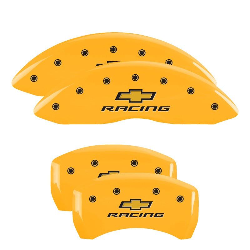 MGP 4 Caliper Covers Engraved Front &amp; Rear Chevy racing Yellow finish black ch - 14231SBRCYL