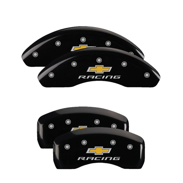 MGP 4 Caliper Covers Engraved Front &amp; Rear Chevy racing Black finish silver ch - 14232SBRCBK