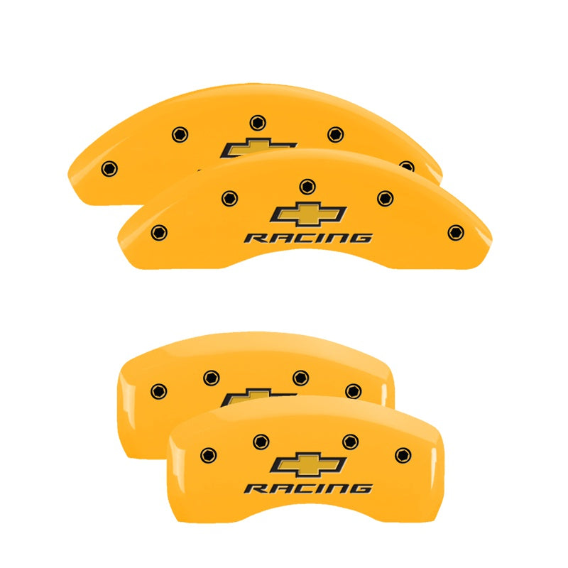 MGP 4 Caliper Covers Engraved Front &amp; Rear Chevy racing Yellow finish black ch - 14232SBRCYL