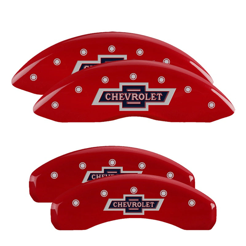 MGP 4 Caliper Covers Engraved F &amp; R 100 Anniversary Red Finish Silver Char 2019 Chevrolet Tahoe - 14234SBANRD