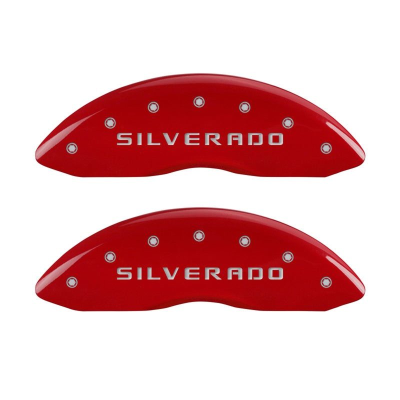 MGP Front set 2 Caliper Covers Engraved Front Silverado Red finish silver ch - 14238FSILRD