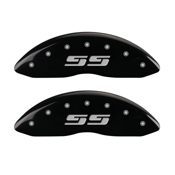 MGP Front set 2 Caliper Covers Engraved Front Silverado style/SS Black finish silver ch - 14238FSS3BK