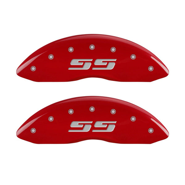 MGP Front set 2 Caliper Covers Engraved Front Silverado style/SS Red finish silver ch - 14238FSS3RD
