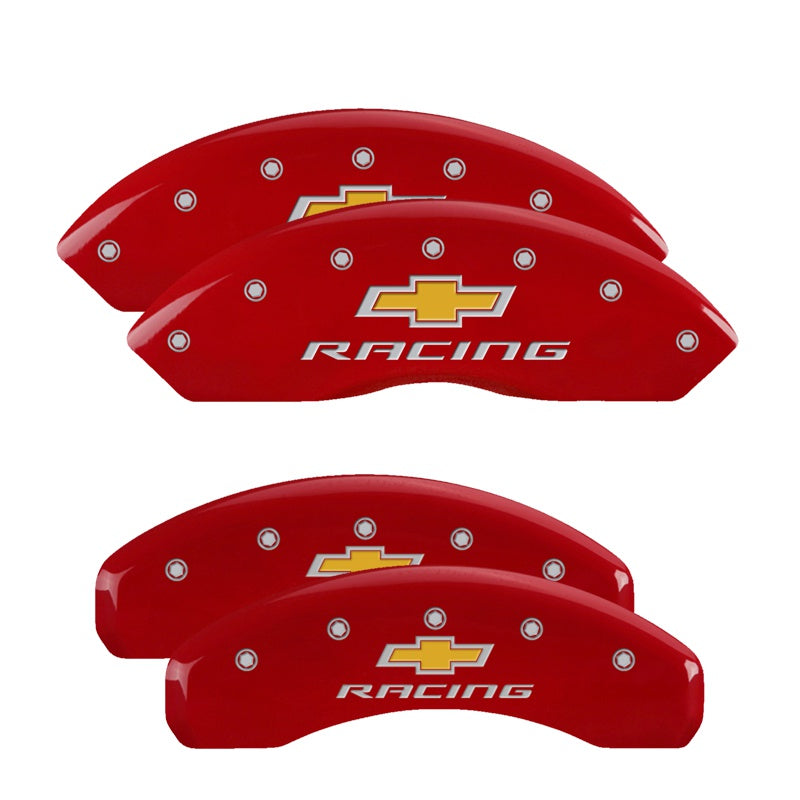 MGP 4 Caliper Covers Engraved Front &amp; Rear Chevy Racing Red Finish Silver Char 2017 Chevrolet Camaro - 14240SBRCRD