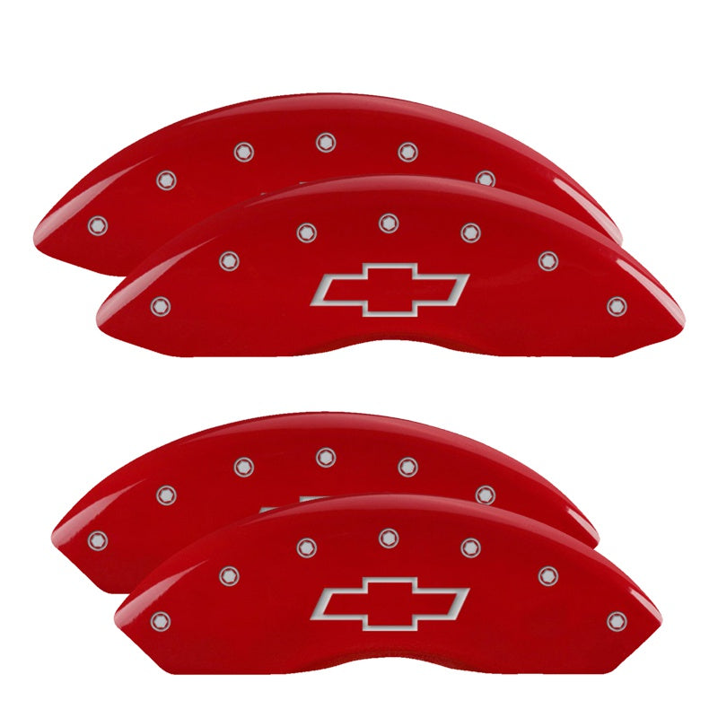 MGP 4 Caliper Covers Engraved Front &amp; Rear Bowtie Red Finish Silver Char 2014 Chevrolet Express 2500 - 14243SBOWRD