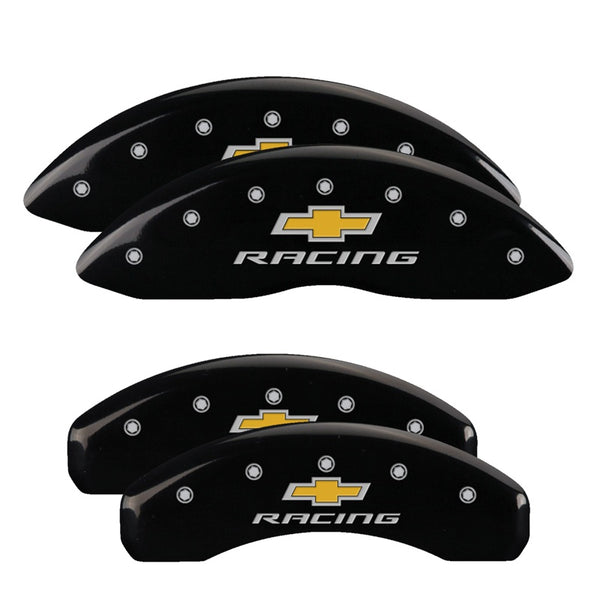 MGP 4 Caliper Covers Engraved Front &amp; Rear Chevy Racing Black Finish Silver Char 2016 Chevrolet SS - 14245SBRCBK