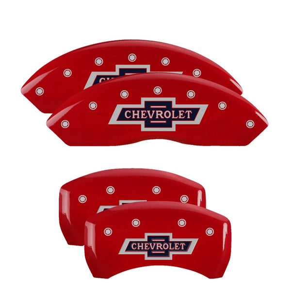 MGP 4 Caliper Covers Engraved F &amp; R 100 Anniversary Red Finish Silver Char 2019 Chevrolet Equinox - 14247SBANRD