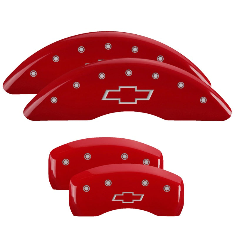 MGP 4 Caliper Covers Engraved Front &amp; Rear Bowtie Red Finish Silver Char 2018 Chevrolet Traverse - 14250SBOWRD