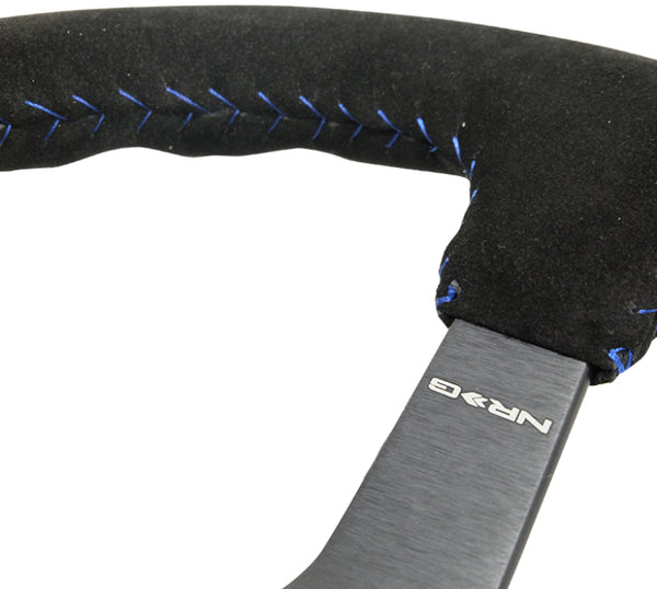 NRG Reinforced Steering Wheel (350mm / 3in. Deep) Blk Suede/Blue BBall Stitch w/5mm Matte Blk Spokes - RST-036MB-S-BL - front view