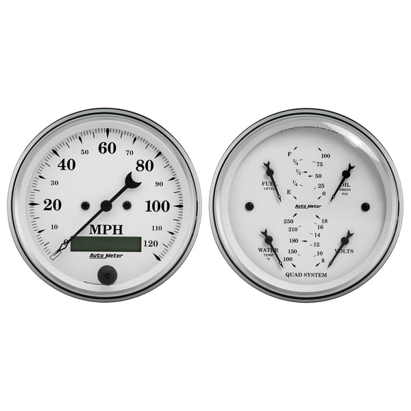 AutoMeter Gauge Kit 2 Pc. Quad & Speedometer 3-3/8in. Old Tyme White - 1600