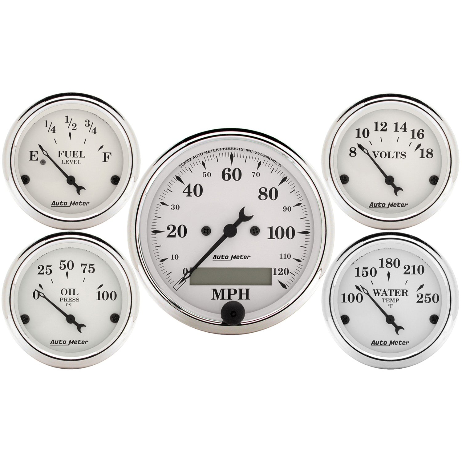 Autometer Old Tyme White 5 Piece Kit (Elec Speed/Elec Oil Press/Water Temp/Volt/Fuel Level) In-Dash - 1602