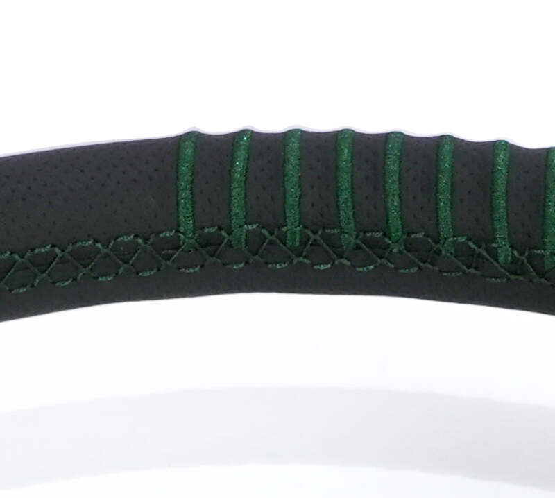 NRG Steering Wheel 1.5in Dish 350mm Black Perforated Leather - Emerald Stitching - Reinforced Spoke - RST-037MB-B-20 - close-up view