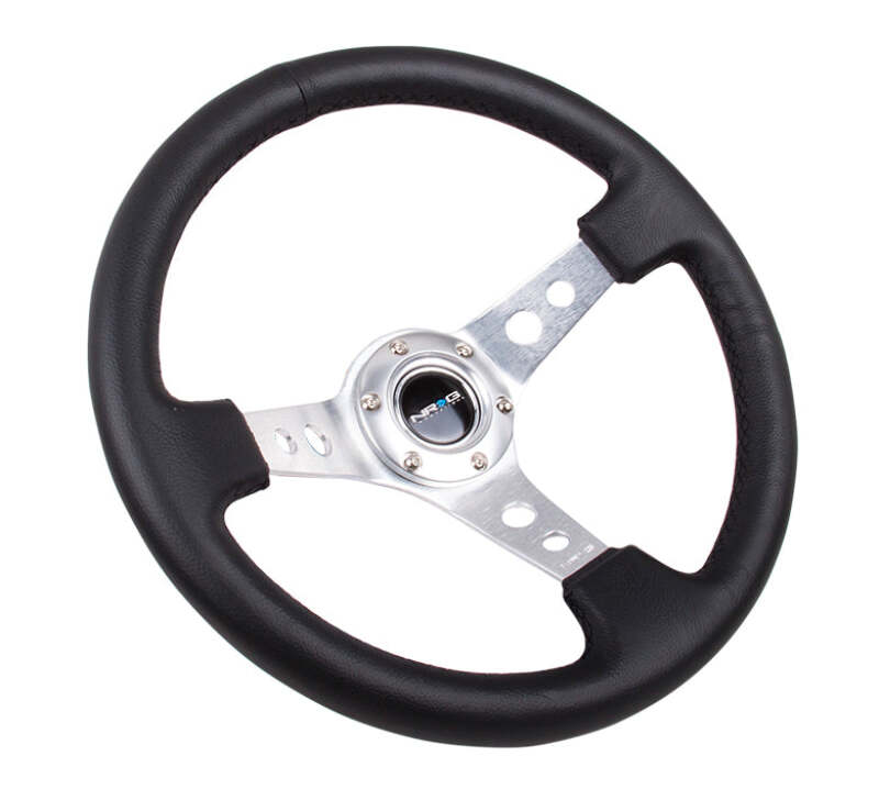 NRG Reinforced Steering Wheel (350mm/3in. Deep) White Leather w/Blk Spoke/Round Holes/White Stripes - RST-006BK-WT-B - close-up view