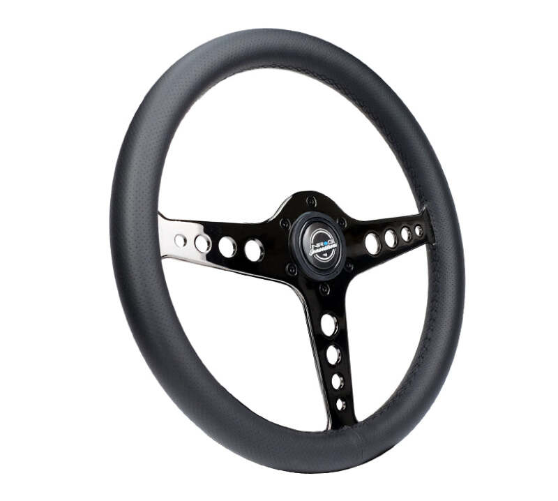 NRG Light Weight Gaming Steering Wheel - Driftz 350mm 3 Black Chrome Spokes Perforated Leather - ST-034BC-PR - close-up view