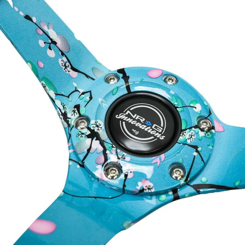 NRG Reinforced Suede Steering Wheel (350mm / 3in. Deep) Hydro Dipped Blossom Floral w/ Teal Stitch - RST-036BLOSSOM-S - close-up view