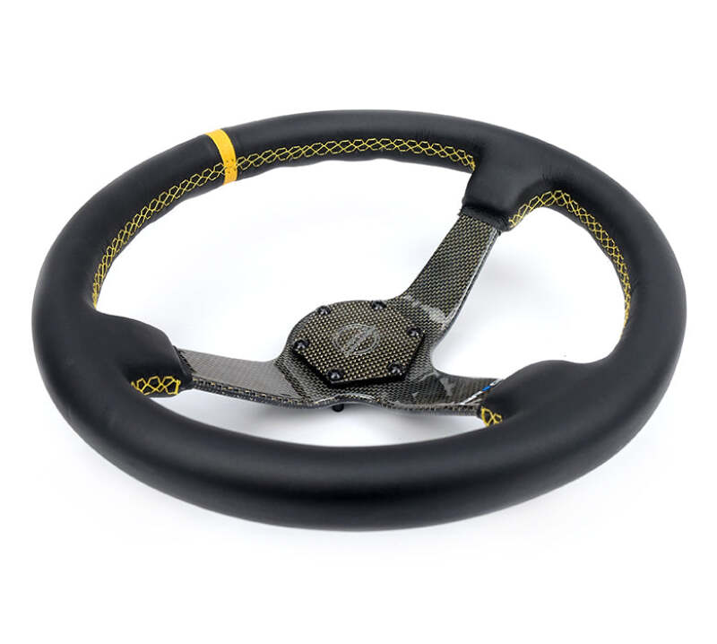 NRG Carbon Fiber Steering Wheel (350mm) Leather Trim w/Gold Stitching/Center Mark - RST-036CF-GD - close-up view
