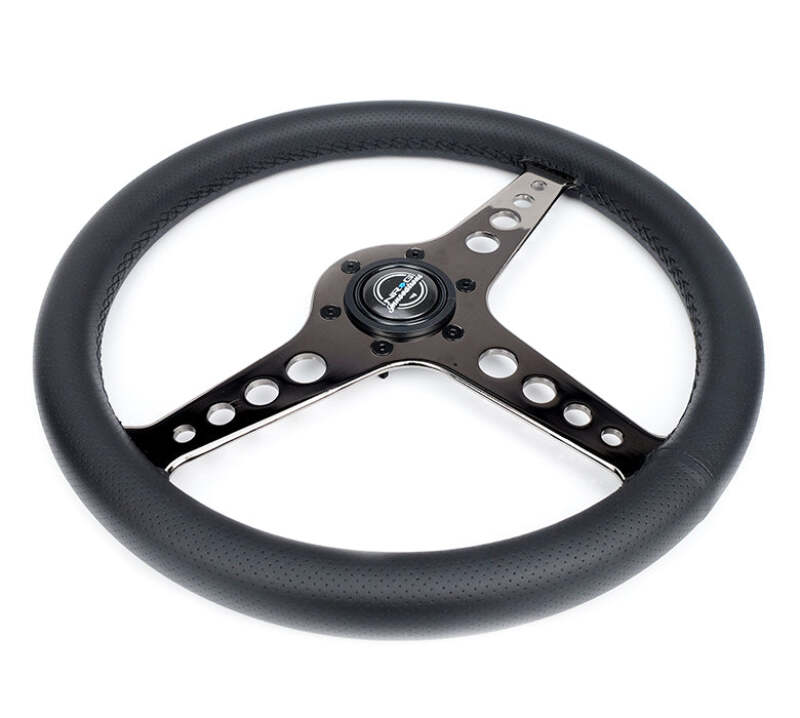 NRG Light Weight Gaming Steering Wheel - Driftz 350mm 3 Black Chrome Spokes Perforated Leather - ST-034BC-PR - close-up view 2