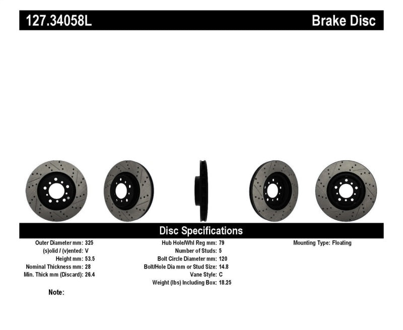 StopTech Slotted &amp; Drilled Sport Brake Rotor - 127.34058L