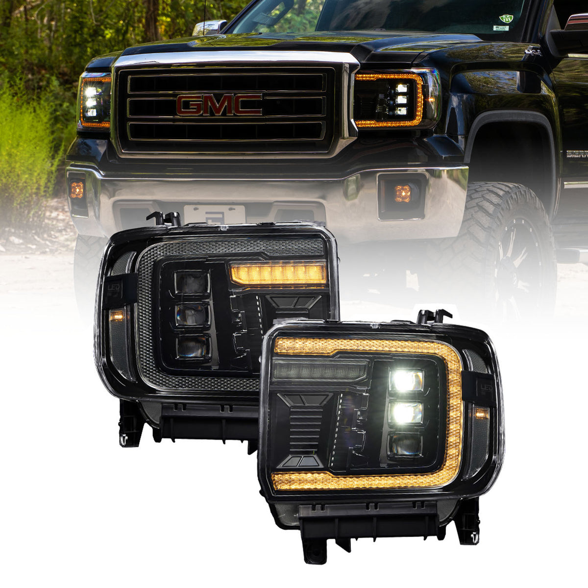 Form Lighting 2014+ GMC Sierra 1500/2500/3500 LED Projector Headlights Amber DRL (Pair) - FL0023