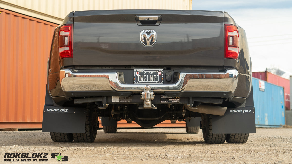 2019 Ram 3500 Dually Featuring ROKBLOKZ Step Back Mud Flaps - rear view