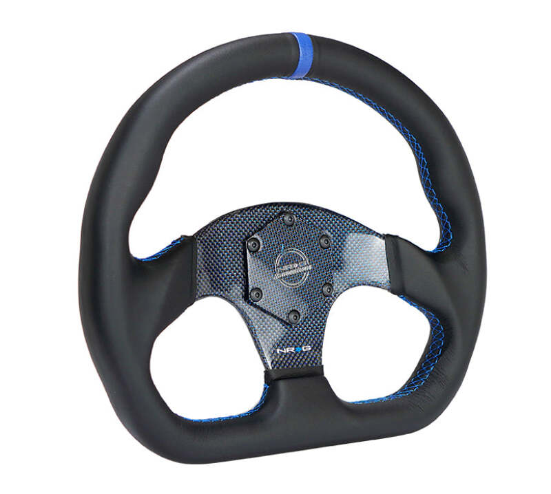 NRG Carbon Fiber Steering Wheel (320mm) Blue CF Center w/Blue Stitch Blue Center Mark Flat Bottom - RST-024CF/BL - front view