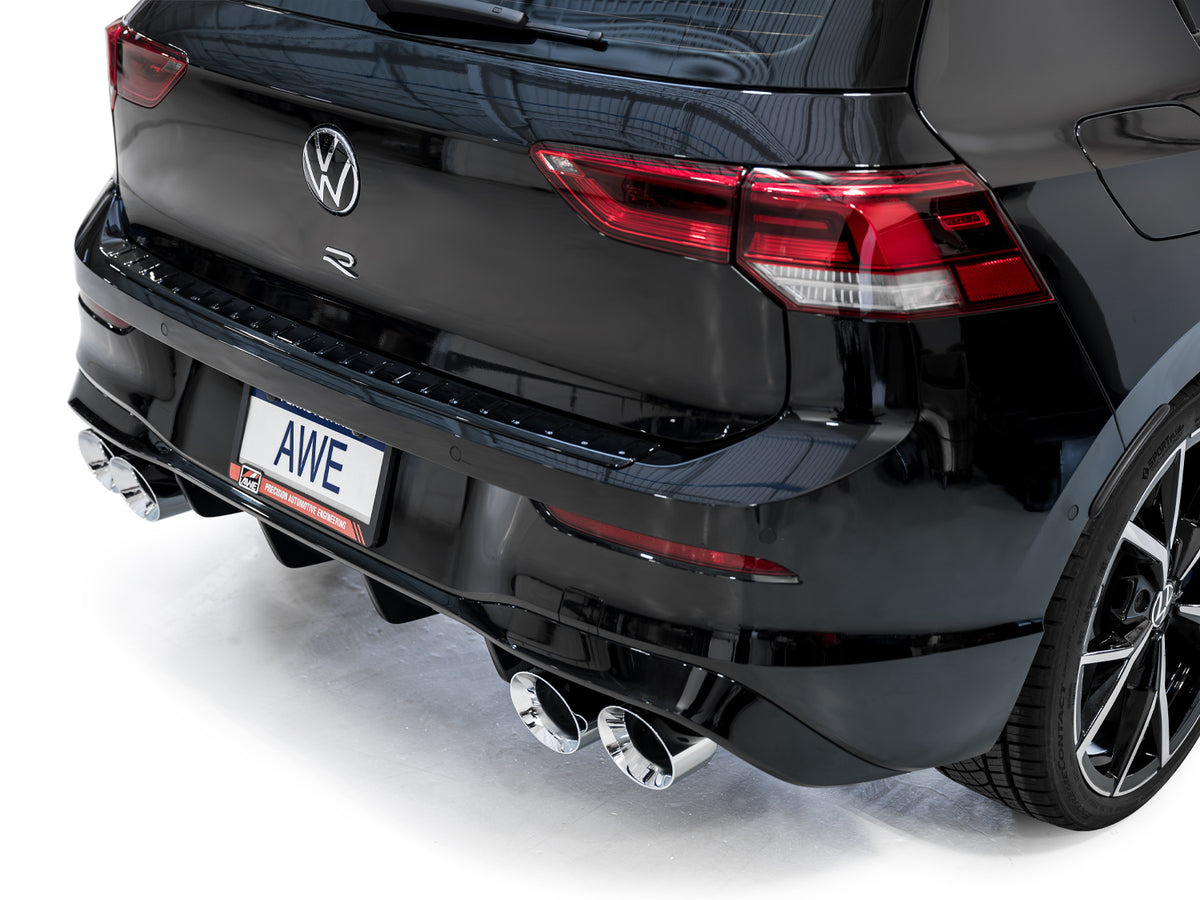 AWE MK8 Volkswagen Golf R 3in Track Edition Quad Exhaust - Chrome Silver Tips - 3020-42658