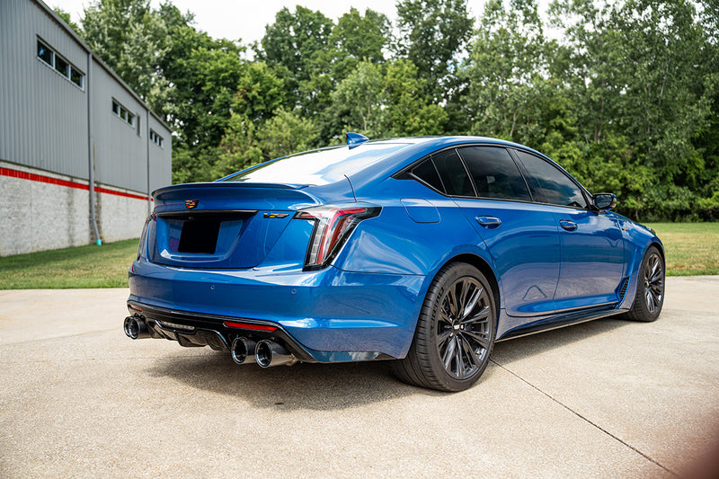 Corsa 2022-24 Caddy CT5 V Blackwing 3in. Cat-Back w/ Act. Exh. - Dbl X-Pipe - Twin 4.5in. BlkCF Tips - 21320CFBLK
