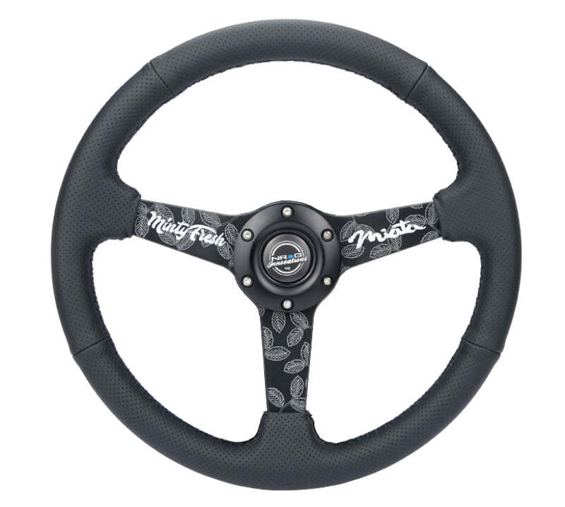 NRG Reinforced Black Perforated Leather Steering Wheel 350mm / 1.5in Deep w/ Goal Digger Blk Stitch - RST-037MB-BGD-R - front view