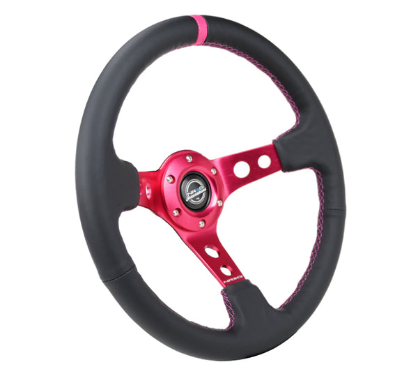 NRG Reinforced Steering Wheel (350mm/3in. Deep) Black Leather/ Fushia Center Mark/ Fushia Stitching - RST-006FH - front view