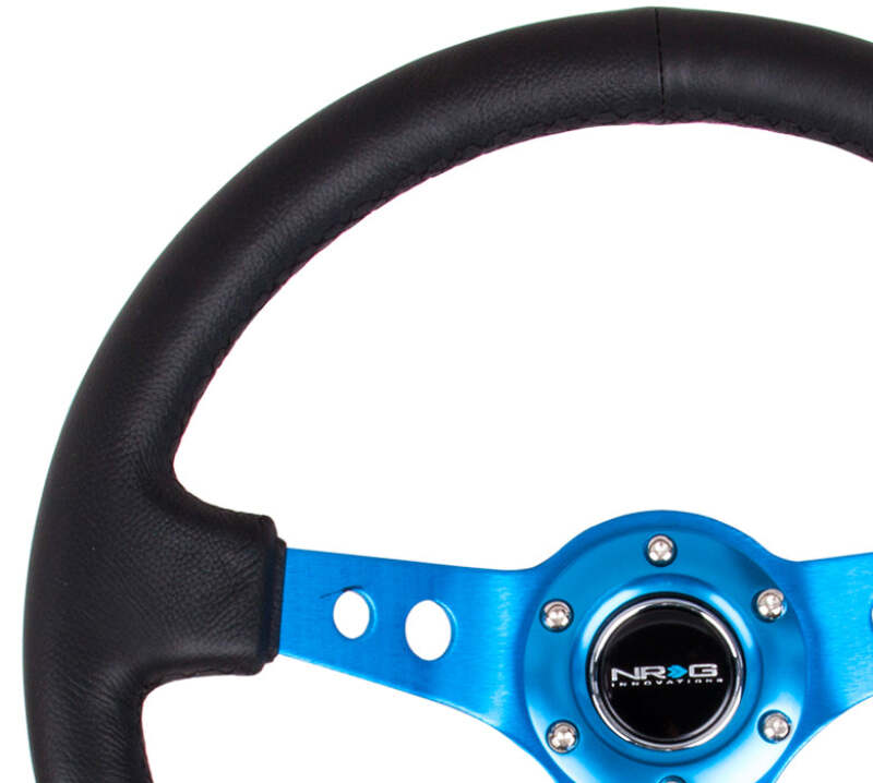 NRG Reinforced Steering Wheel (350mm/3in. Deep) White Leather w/Blk Spoke/Round Holes/White Stripes - RST-006BK-WT-B - close-up view 2