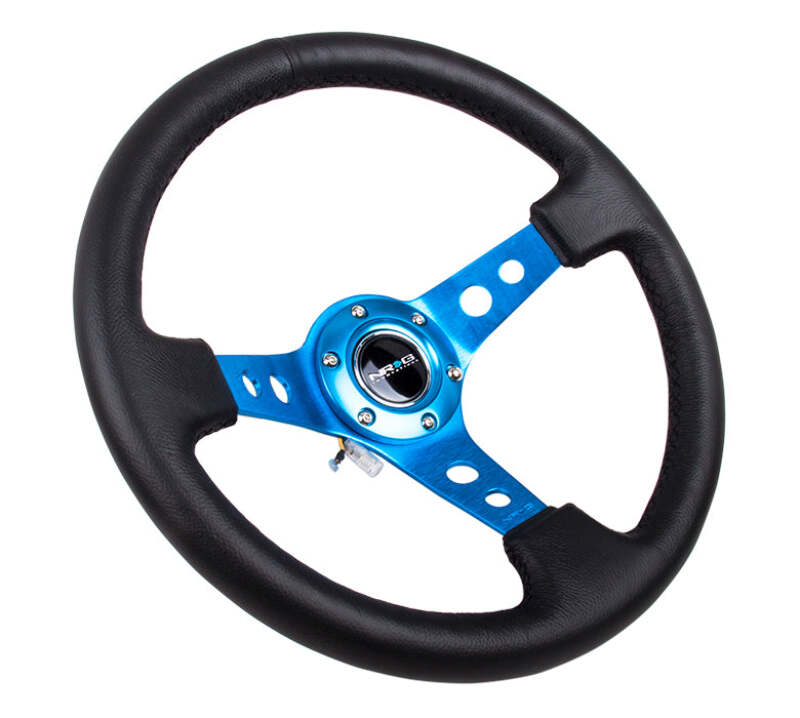 NRG Reinforced Steering Wheel (350mm/3in. Deep) White Leather w/Blk Spoke/Round Holes/White Stripes - RST-006BK-WT-B - front view