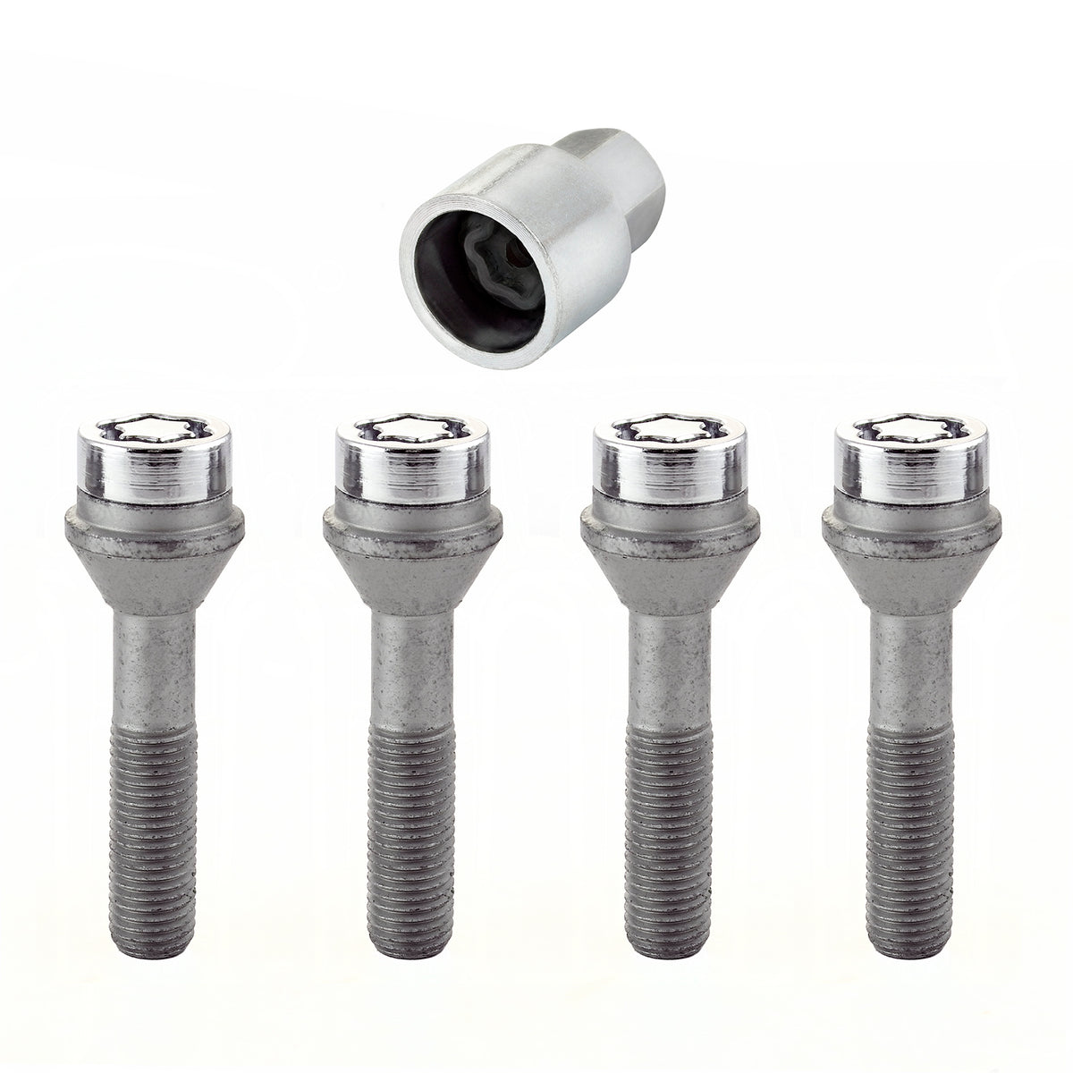 McGard Wheel Lock Bolt Set - 4pk. (Cone Seat) M12X1.5 / 17mm Hex / 49.2mm Shank Length - Chrome - 27014