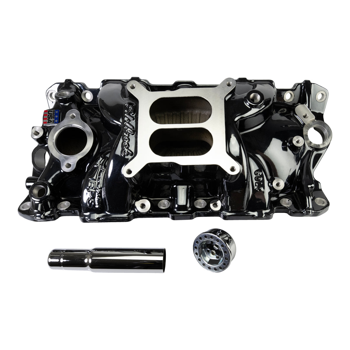 Edelbrock Chevy SB Performer EPS Manifold w/ Oil Fill Tube - Black Plasma - 2703-BP