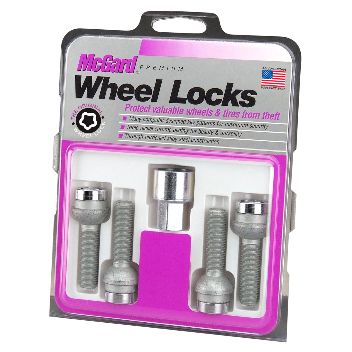 McGard Wheel Lock Bolt Set - 4pk. (Radius Seat) M12X1.5 / 17mm Hex / 27.9mm Shank Length - Chrome - 28172