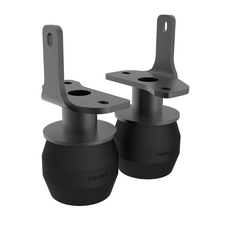 Two black steel bump stops with the Timbren logo, designed for use with a vehicle's rear suspension.