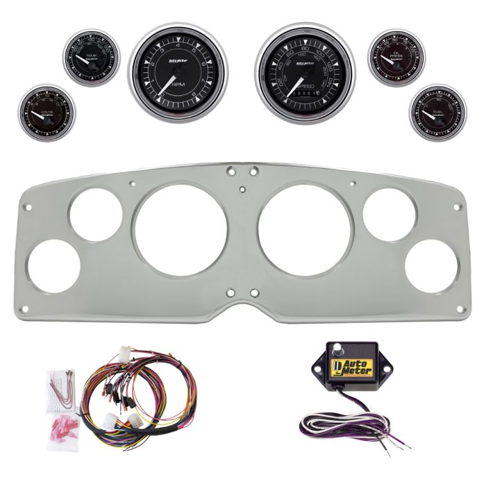AutoMeter Chrono Chrome 54-55 GMC Truck Billet Panel/Gauge Kit - 3-3/8in. (x2) & 2-1/16in. (x4) - 2940-15