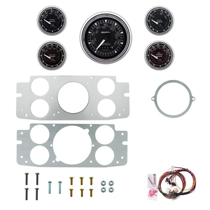 AutoMeter Chrono Chrome 57-60 Ford Truck Billet Panel/Gauge Kit - 3-3/8in. (x1) & 2-1/16in. (x4) - 2956-15