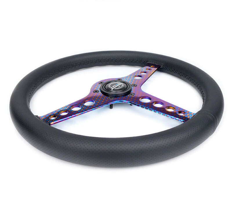 NRG Light Weight Gaming Steering Wheel - Driftz 350mm 3 NeoChrome Spokes Perforated Leather - ST-034MC-PR - close-up view 2