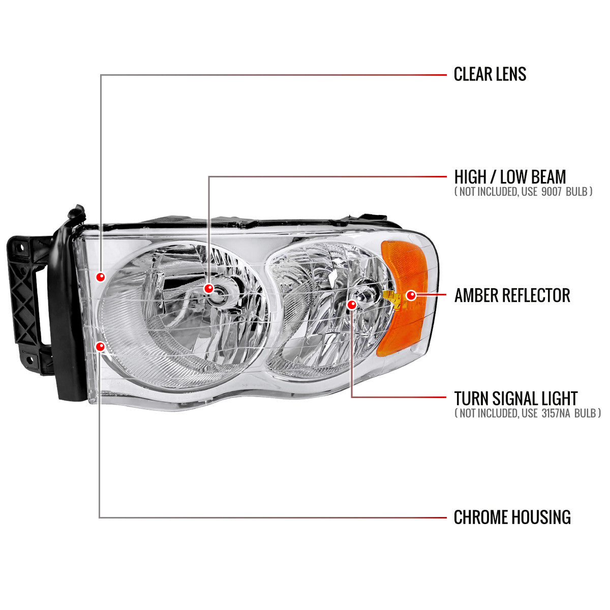 Spec-D Tuning - 2002-2005 Dodge RAM 1500/ 2003-2005 RAM 2500 3500 Factory Style Headlights (Chrome Housing/Clear Lens) - 2LH-DGP02-RS