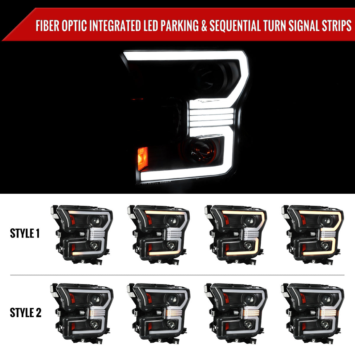 Spec-D Tuning - 2015-2017 Ford F-150 LED Bar Projector Headlights w/ Switchback Sequential Turn Signals (Black Housing / Clear Lens) - 2LHP-F15015JM-SQ-RS