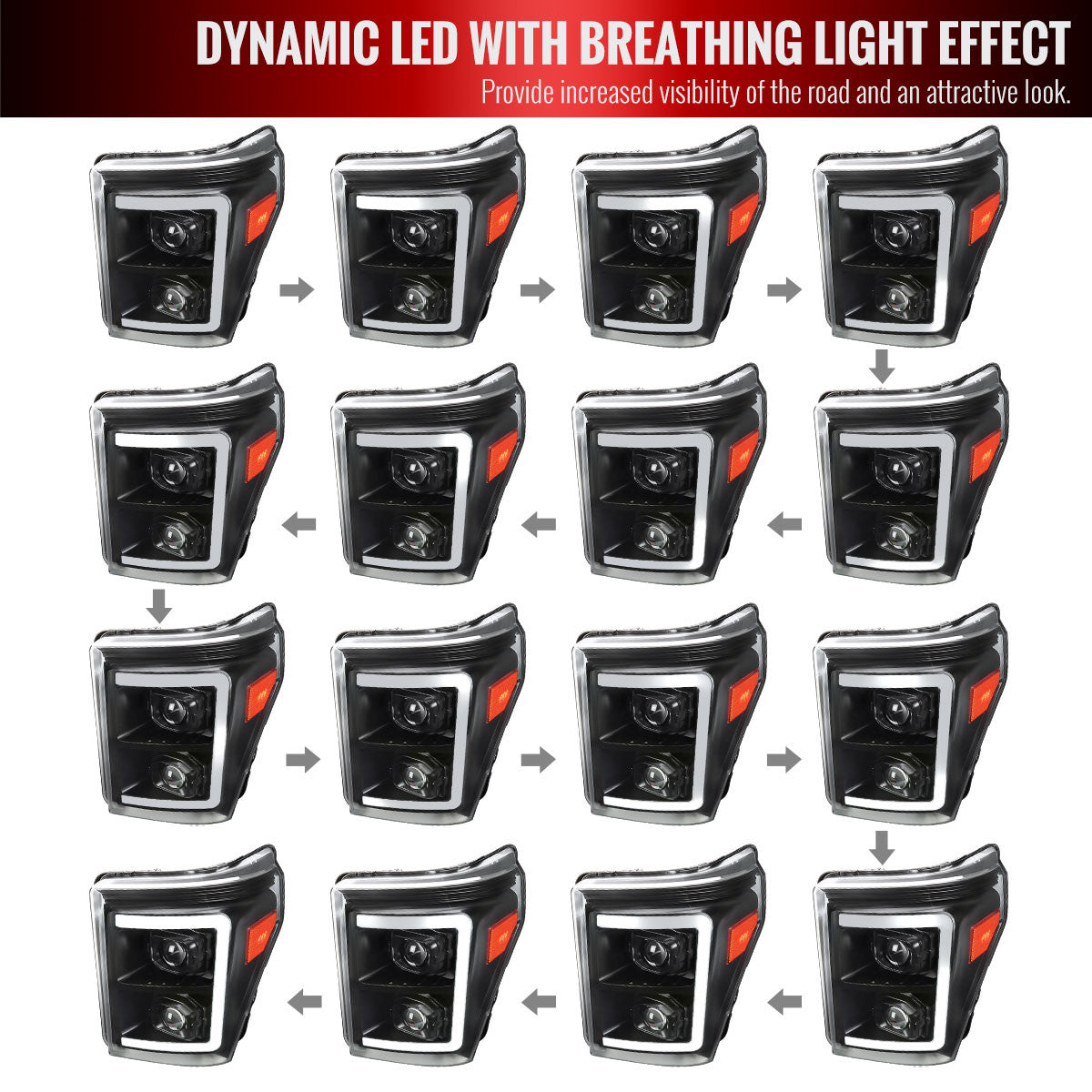 Spec-D Tuning - 2011-2016 Ford F-250 F-350 F-450 F-550 Switchback Sequential LED C-Bar Projector Headlights (Matte Black Housing/Clear Lens) - 2LHP-F25011JM-SQ-RS