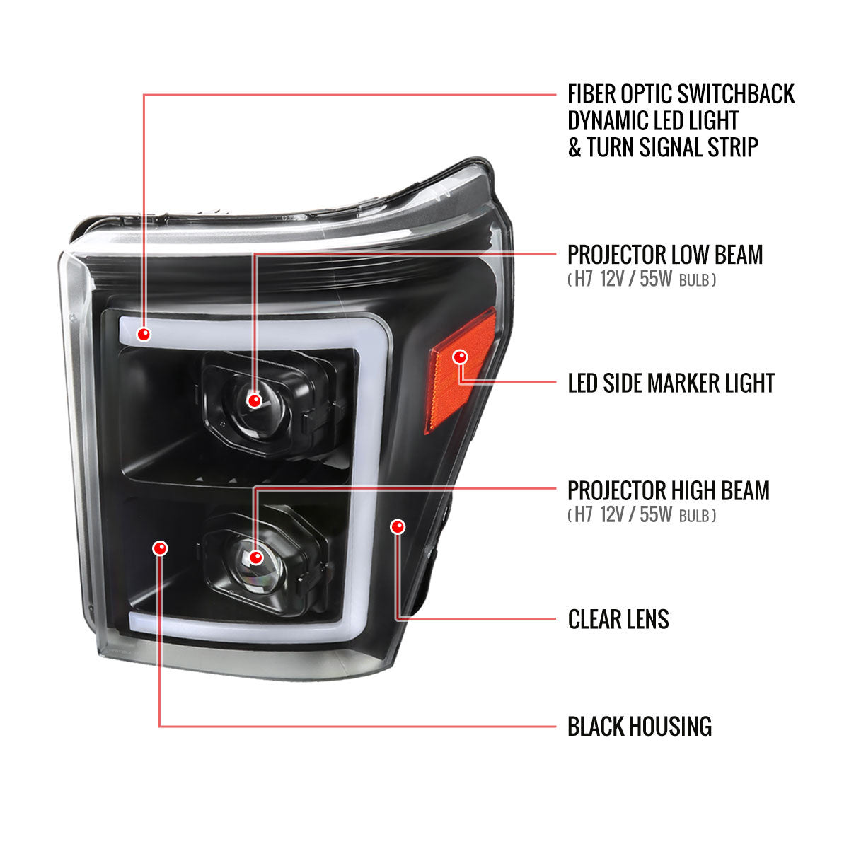 Spec-D Tuning - 2011-2016 Ford F-250 F-350 F-450 F-550 Switchback Sequential LED C-Bar Projector Headlights (Matte Black Housing/Clear Lens) - 2LHP-F25011JM-SQ-RS